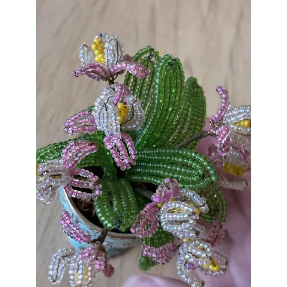 Vintage Handmade French Seed Beaded Flower Floral Bouquet Asian longevity Cup